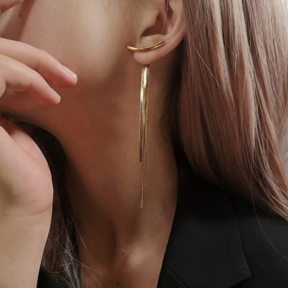 Gold Tone Statement earrings yellow Curved Bar Tassel boho minimalist  💖 2/$30 - Picture 5 of 13